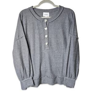 Andrée by Unit Waffle Knit Henley Gray Exposed‎ Seam Top Womens L NWT